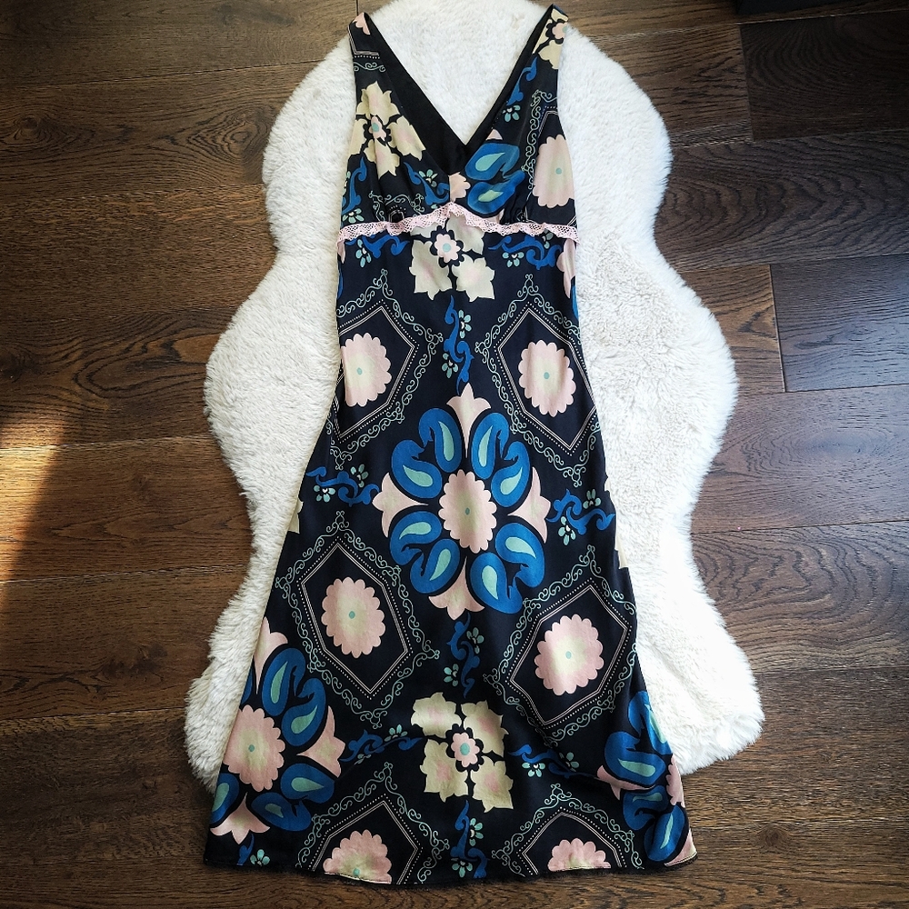 Vintage Betsey Johnson 90s Y2K Dark Florals Bridgerton Silk Slip Dress